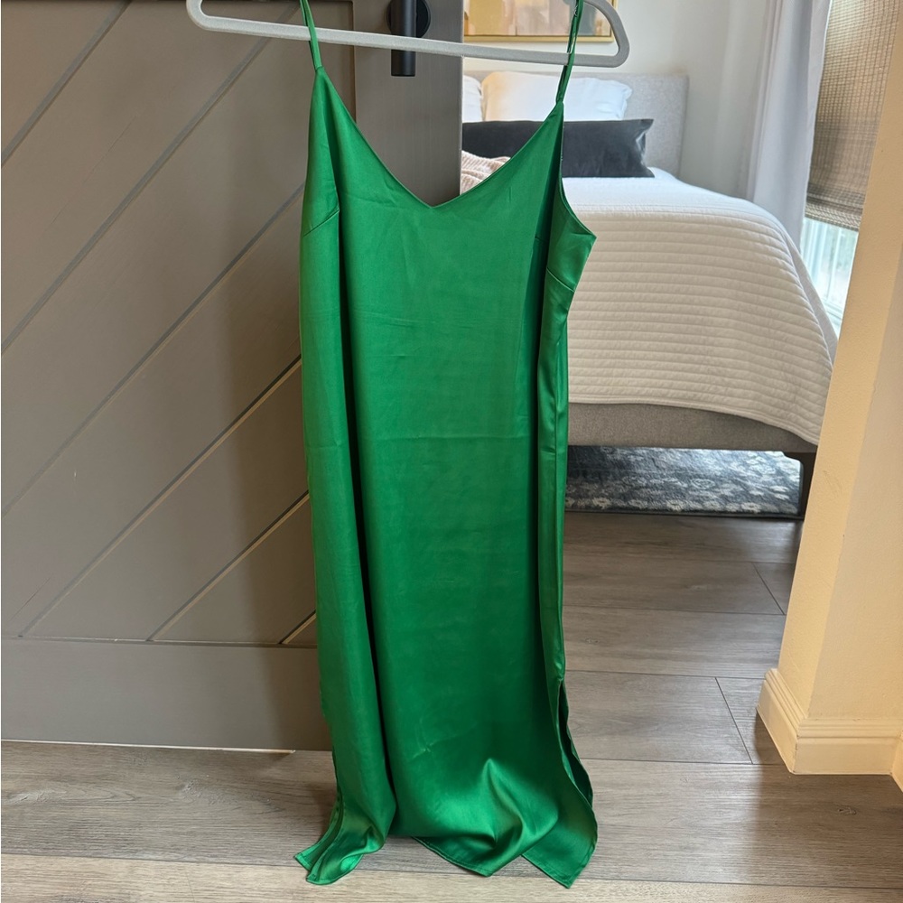 Green silk midi dress